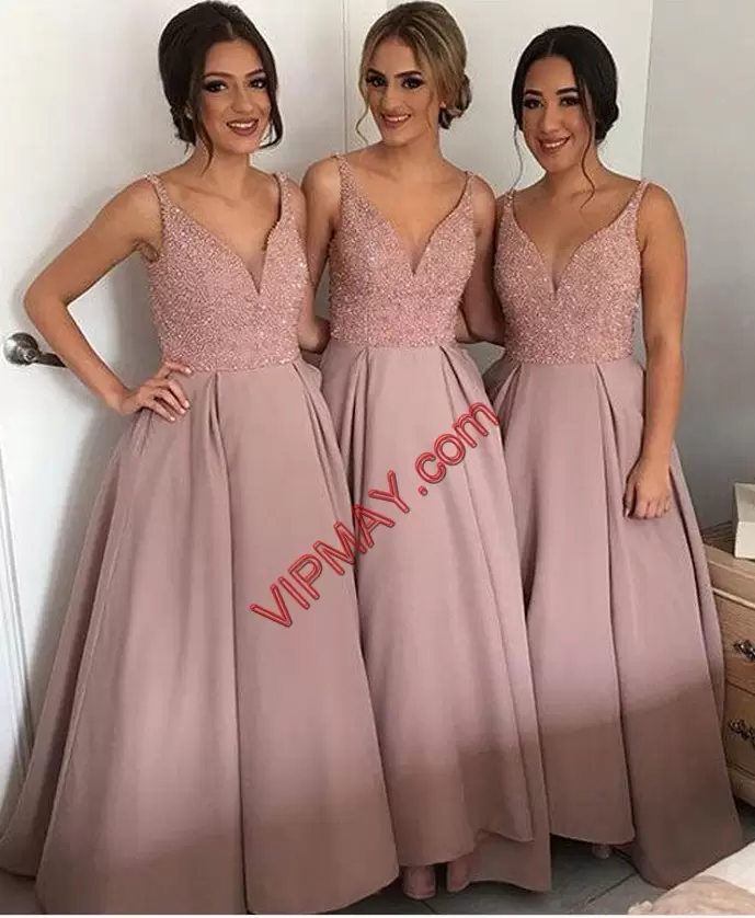 Chic V-neck Sleeveless Bridesmaid Dresses Floor Length Beading Pink Satin