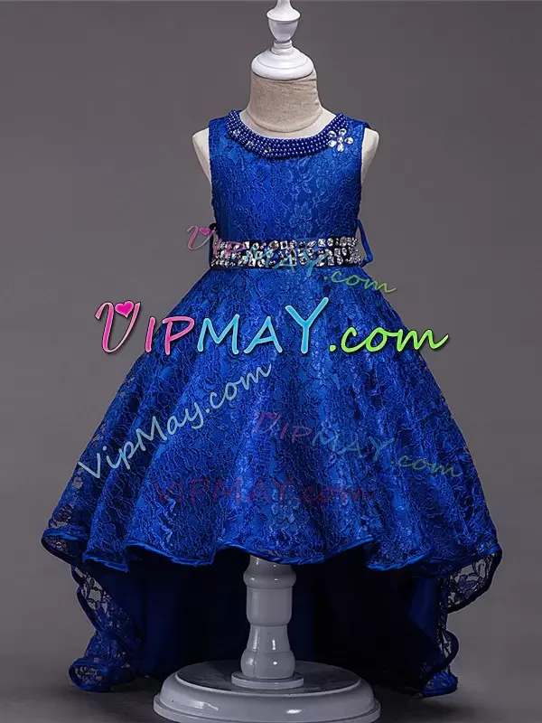 Dazzling Lace Scoop Sleeveless Lace Up Beading Winning Pageant Gowns in Royal Blue