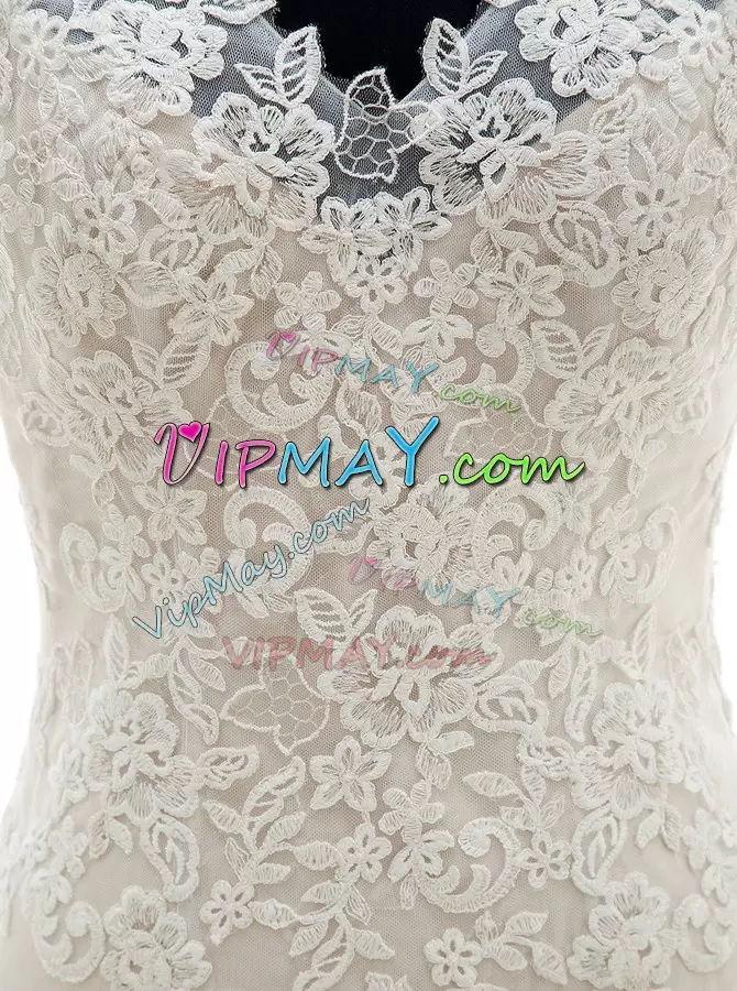 Pretty White Sleeveless With Train Lace Zipper Wedding Dress V-neck