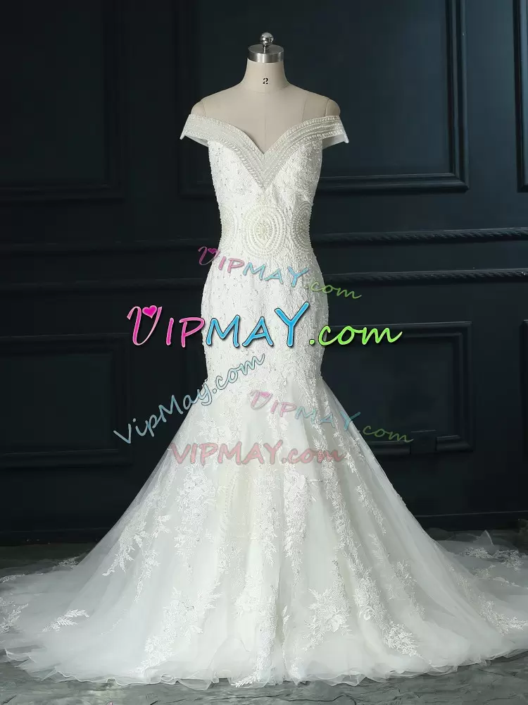 Smart White Off The Shoulder Zipper Beading and Lace Wedding Gowns Court Train Sleeveless