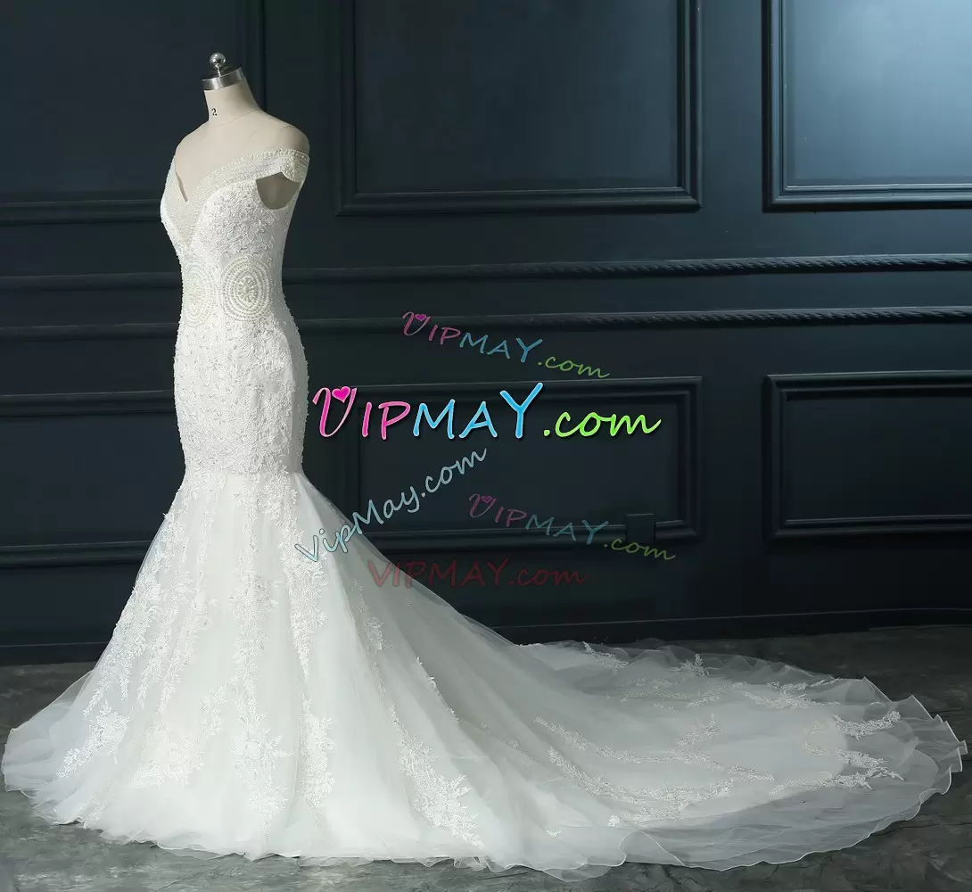 Smart White Off The Shoulder Zipper Beading and Lace Wedding Gowns Court Train Sleeveless