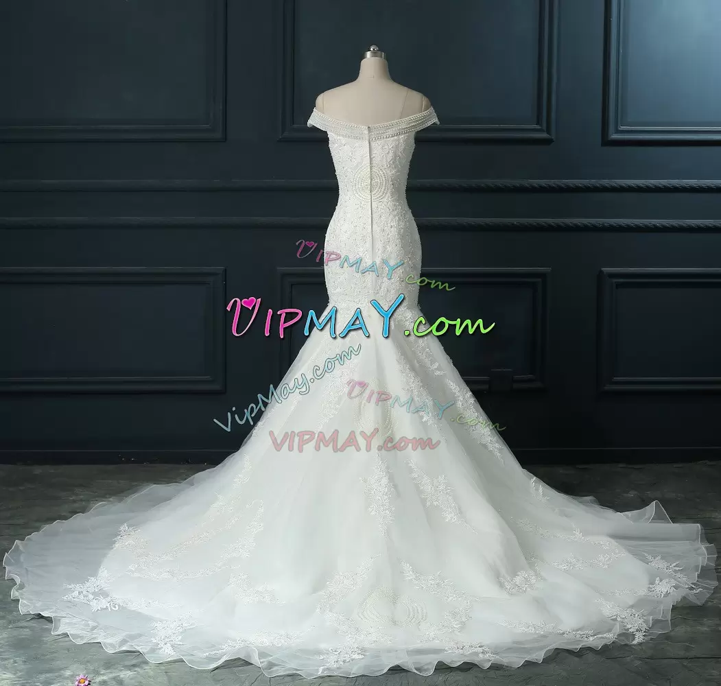 Smart White Off The Shoulder Zipper Beading and Lace Wedding Gowns Court Train Sleeveless