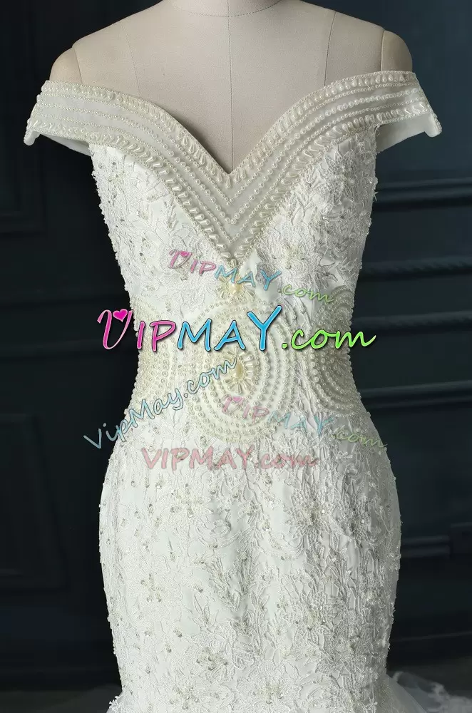 Smart White Off The Shoulder Zipper Beading and Lace Wedding Gowns Court Train Sleeveless