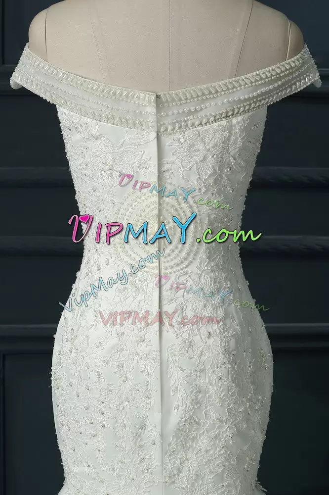 Smart White Off The Shoulder Zipper Beading and Lace Wedding Gowns Court Train Sleeveless