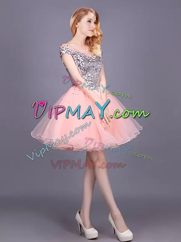 Sparkly Sequin Pink Tulle Off The Shoulder Short Vestidos de Damas Dress