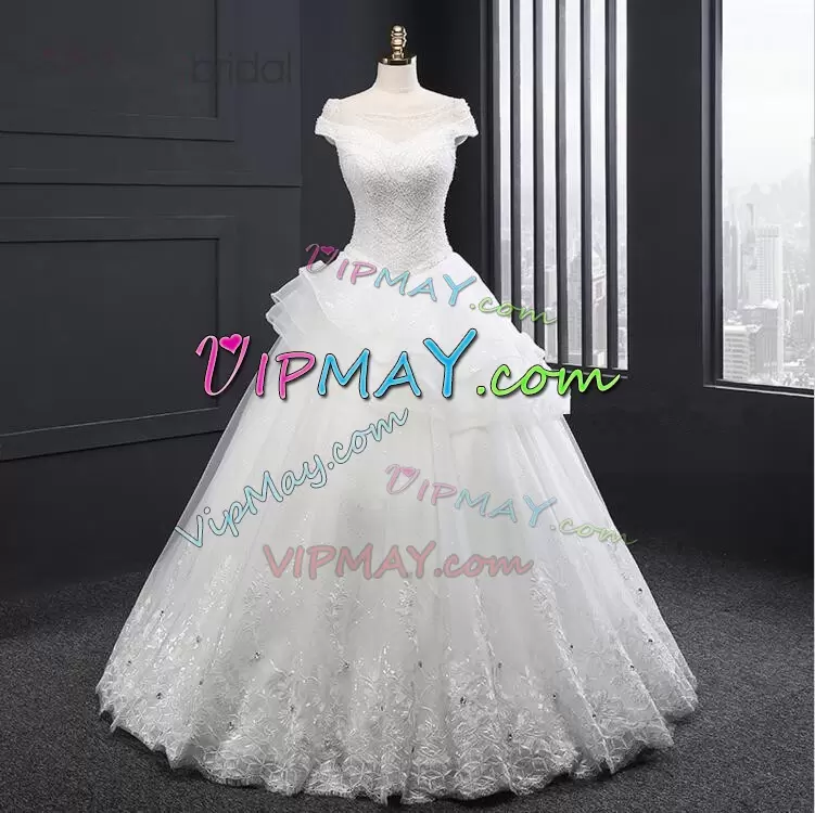 Pretty Organza and Tulle Off The Shoulder Cap Sleeves Lace Up Beading and Appliques Bridal Gown in White