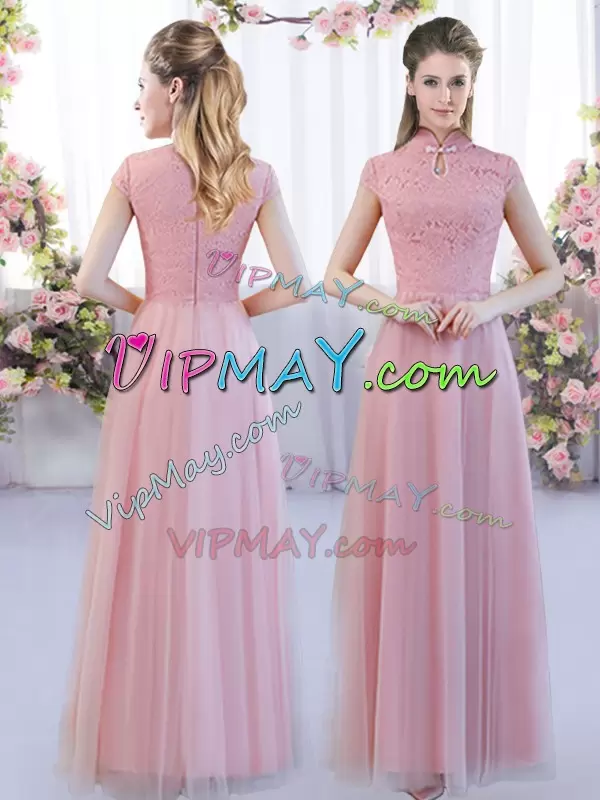 Pink Bridesmaid Dresses Wedding Party with Lace High-neck Cap Sleeves Zipper