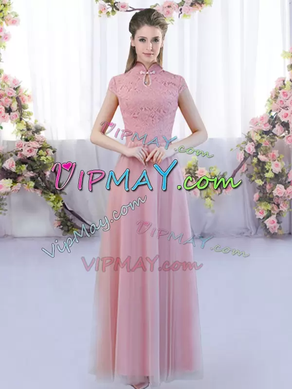 Pink Bridesmaid Dresses Wedding Party with Lace High-neck Cap Sleeves Zipper