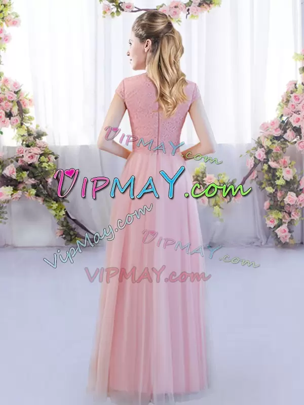 Pink Bridesmaid Dresses Wedding Party with Lace High-neck Cap Sleeves Zipper