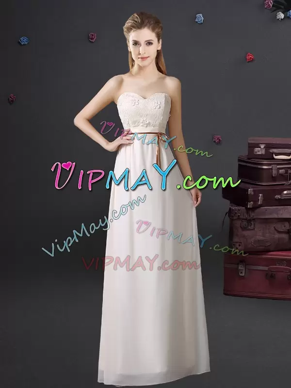 Sleeveless V-neck Lace Up Floor Length Lace and Appliques and Belt Bridesmaids Dress V-neck