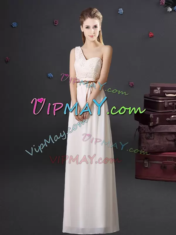 Sleeveless V-neck Lace Up Floor Length Lace and Appliques and Belt Bridesmaids Dress V-neck