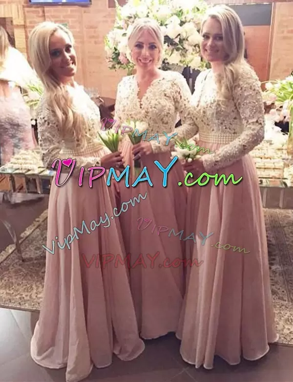 Sexy Pink Long Sleeves Beading and Lace Floor Length Bridesmaid Gown