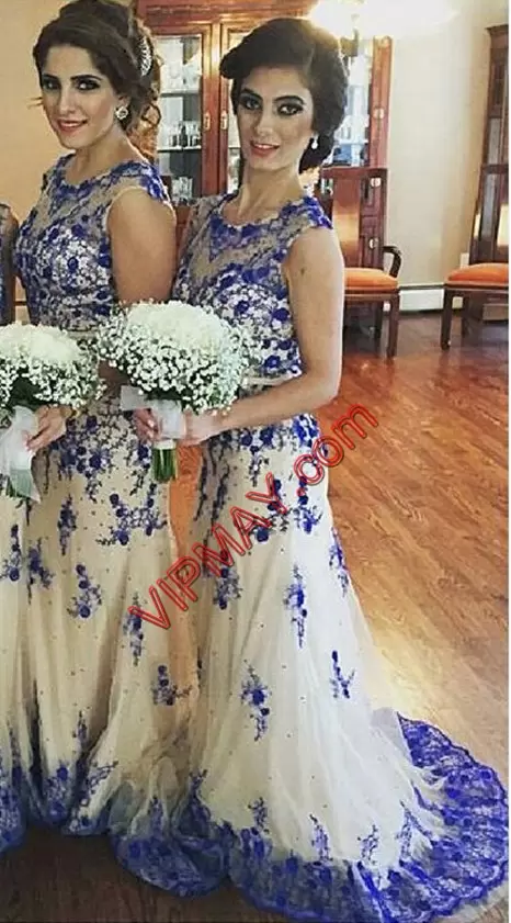 White and Royal Blue Lace Up Bridesmaid Gown Lace and Appliques Sleeveless Floor Length