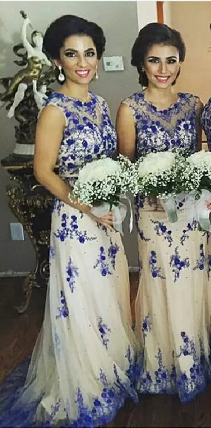 White and Royal Blue Lace Up Bridesmaid Gown Lace and Appliques Sleeveless Floor Length