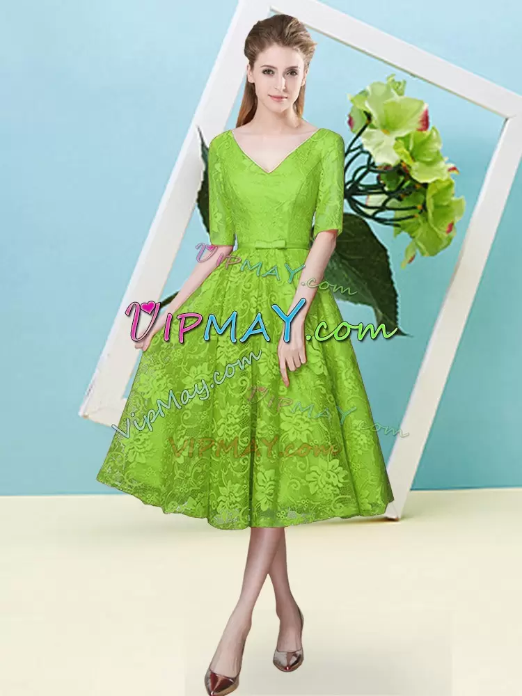 Most Popular Half Sleeves Bowknot Tea Length Court Dresses for Sweet 16