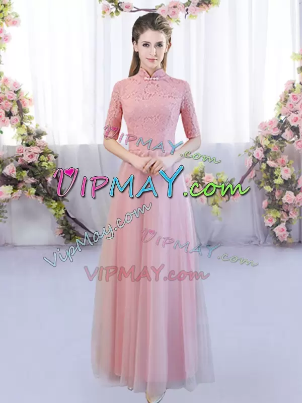 Fabulous Pink Empire Tulle High-neck Half Sleeves Lace Floor Length Zipper Bridesmaids Dress