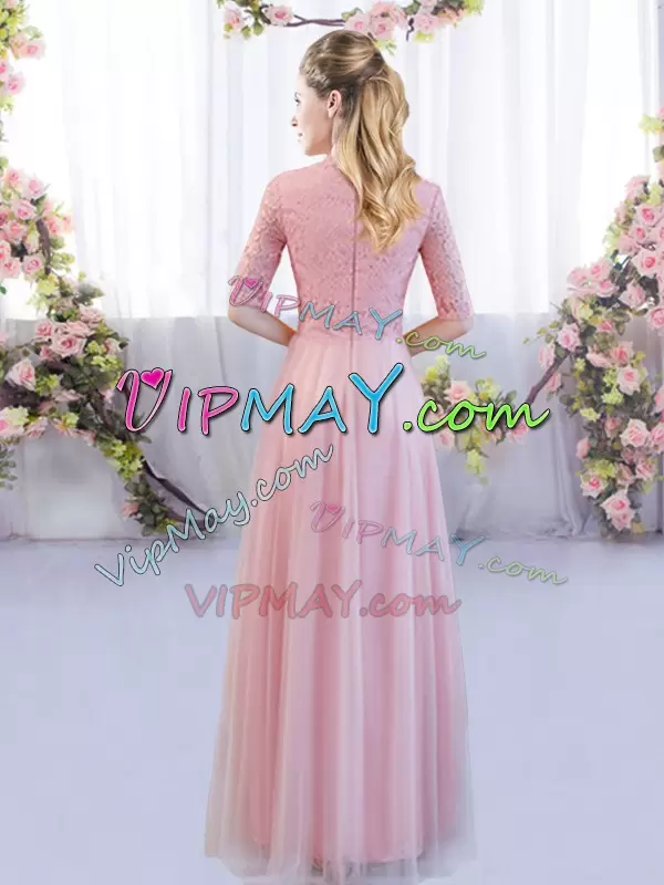 Fabulous Pink Empire Tulle High-neck Half Sleeves Lace Floor Length Zipper Bridesmaids Dress