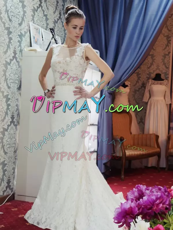 White Wedding Gowns Lace Sweep Train Sleeveless Lace