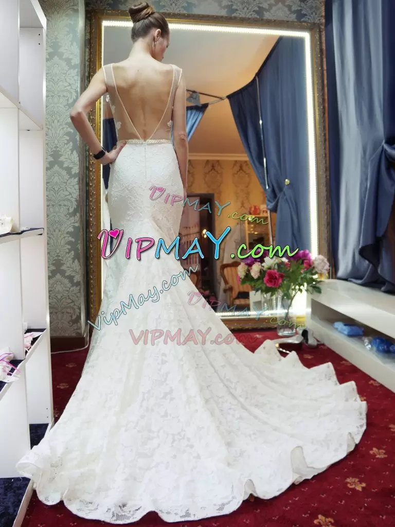 White Wedding Gowns Lace Sweep Train Sleeveless Lace