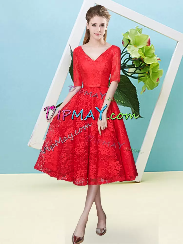 Noble Tea Length Empire Half Sleeves Red Bridesmaids Dress Lace Up