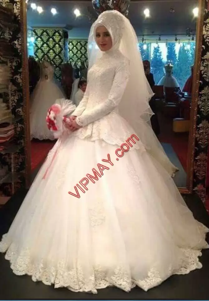 Wonderful Ball Gowns Wedding Dresses White High-neck Long Sleeves Lace Up