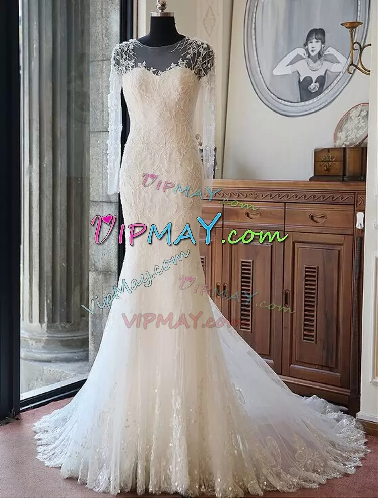 With Train White Wedding Gown Bateau Long Sleeves Brush Train Lace Up