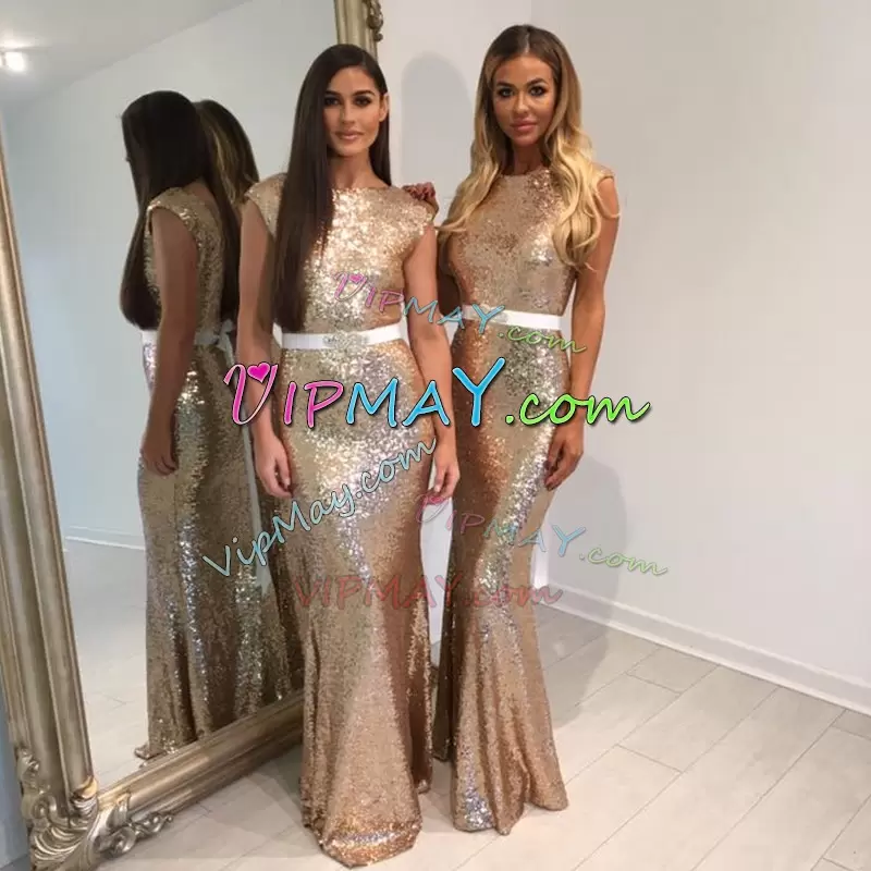 Fantastic Floor Length Gold Wedding Guest Dresses Sequined Sleeveless Sequins