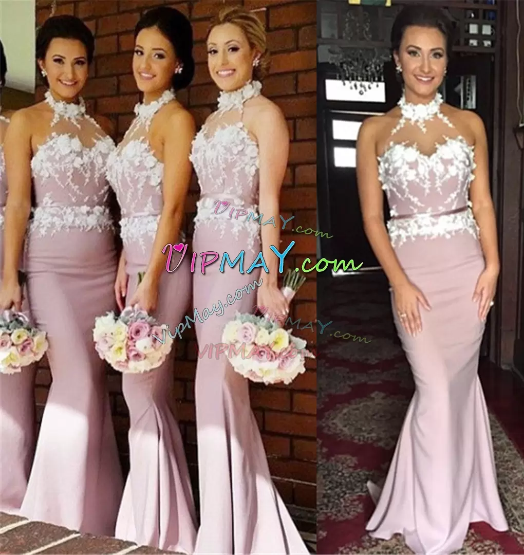 Pink Mermaid Halter Top Sleeveless Satin Sweep Train Lace and Appliques Bridesmaid Dress