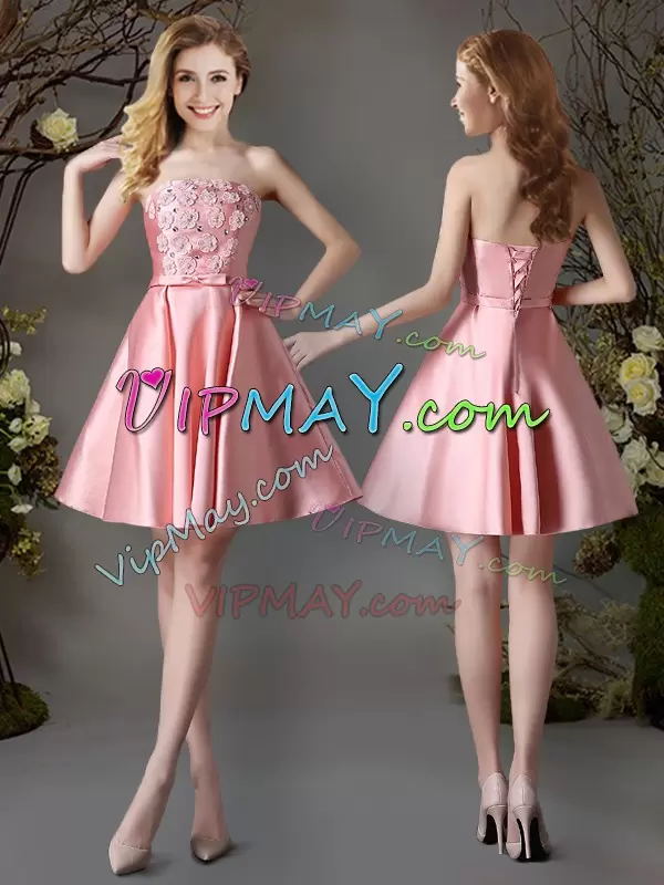 Dramatic Sleeveless Mini Length Appliques and Bowknot Lace Up Bridesmaid Gown with Pink