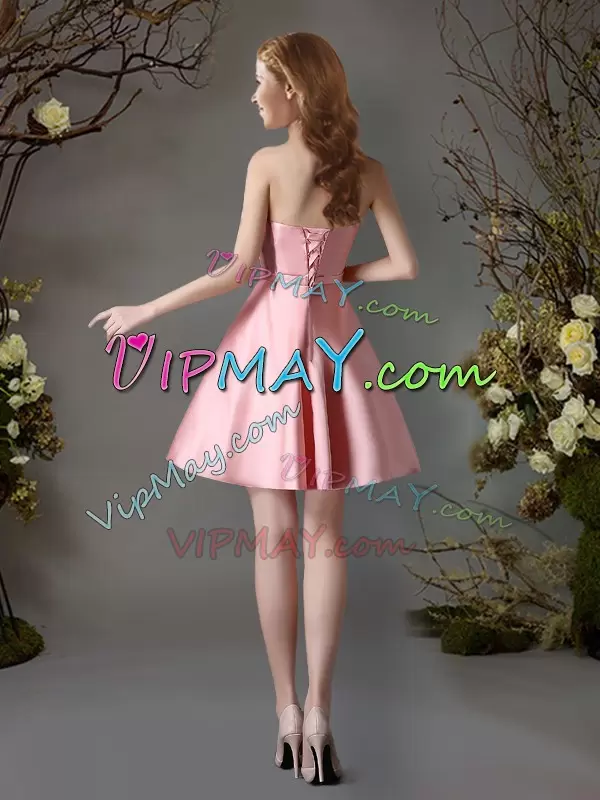 Dramatic Sleeveless Mini Length Appliques and Bowknot Lace Up Bridesmaid Gown with Pink