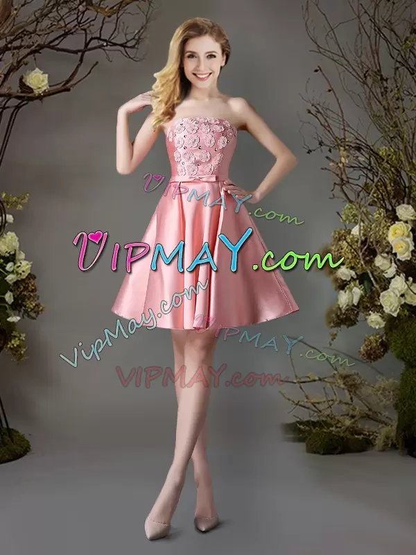 Dramatic Sleeveless Mini Length Appliques and Bowknot Lace Up Bridesmaid Gown with Pink