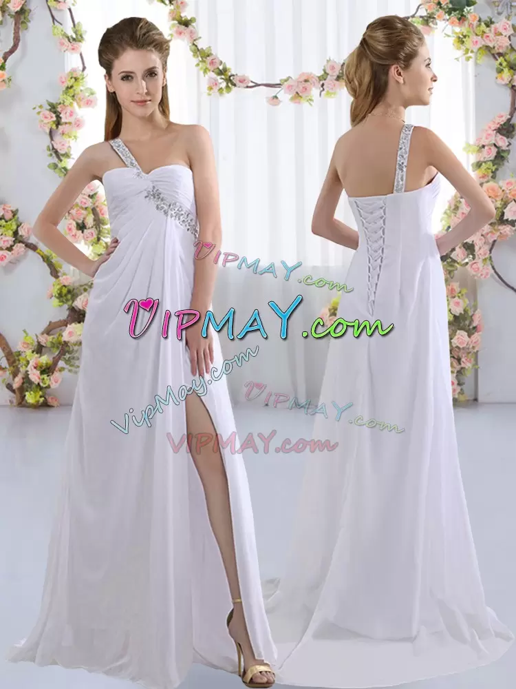 White Empire One Shoulder Sleeveless Chiffon Brush Train Lace Up Beading Bridesmaid Gown