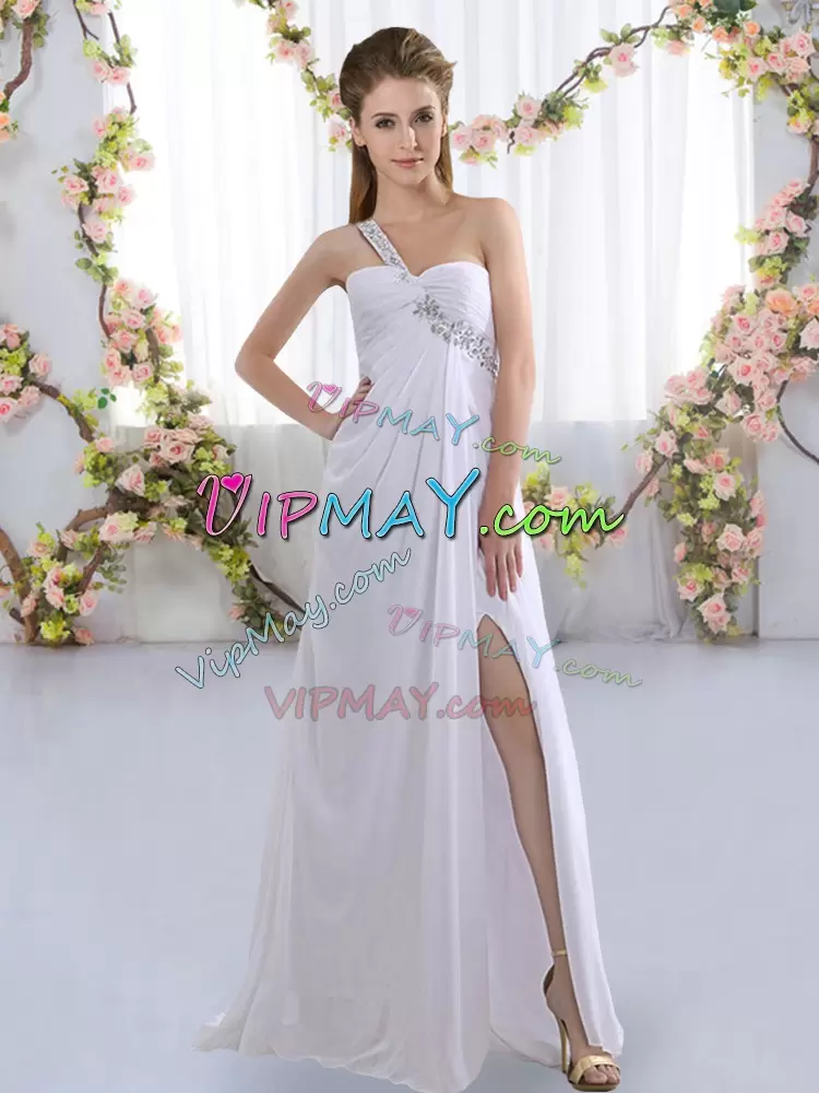 White Empire One Shoulder Sleeveless Chiffon Brush Train Lace Up Beading Bridesmaid Gown