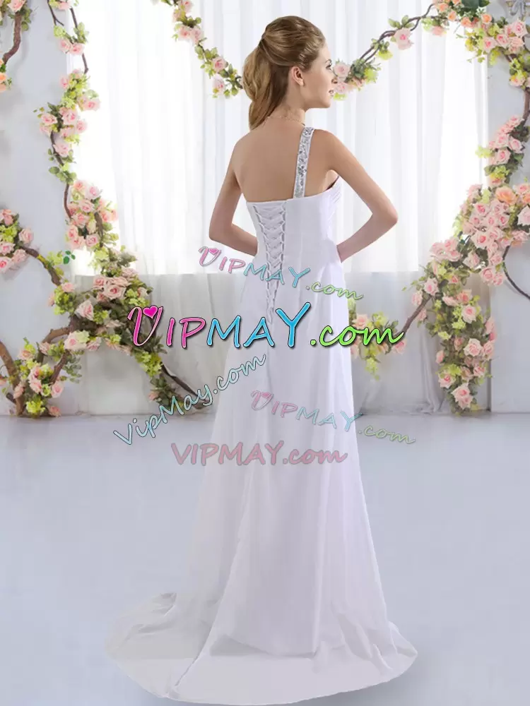 White Empire One Shoulder Sleeveless Chiffon Brush Train Lace Up Beading Bridesmaid Gown