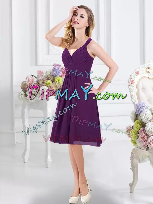 Purple Chiffon Zipper Bridesmaid Dresses Sleeveless Knee Length Ruching