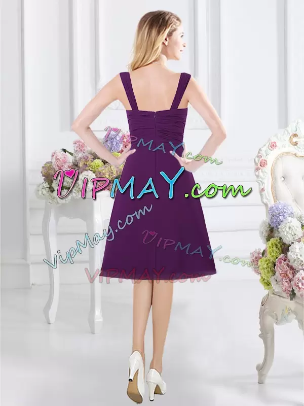 Purple Chiffon Zipper Bridesmaid Dresses Sleeveless Knee Length Ruching