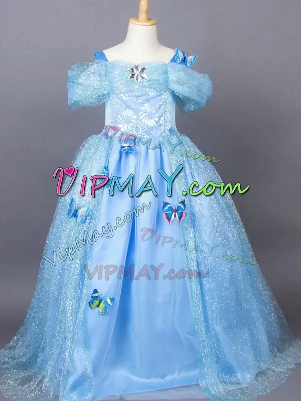 Light Blue Tulle Side Zipper Pageant Dresses Short Sleeves Floor Length Appliques