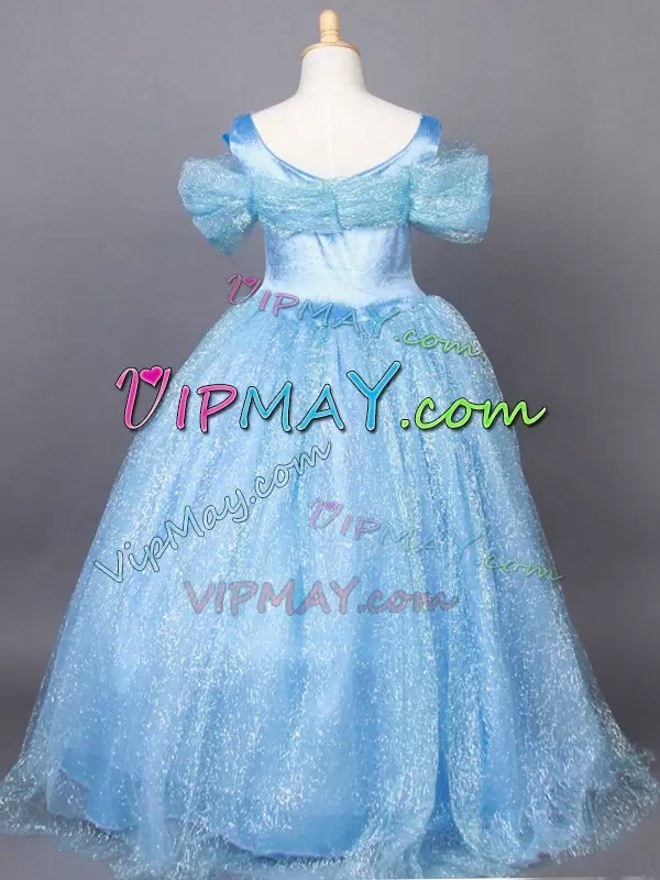 Light Blue Tulle Side Zipper Pageant Dresses Short Sleeves Floor Length Appliques