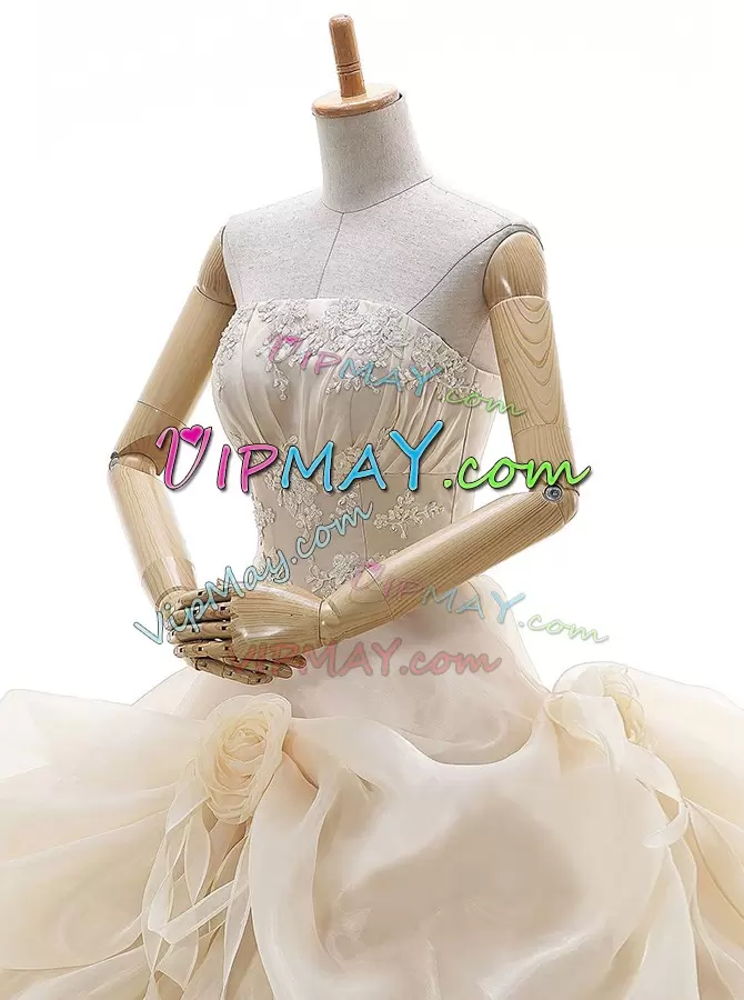 New Style Sleeveless Floor Length Appliques and Ruffled Layers and Pick Ups and Hand Made Flower Lace Up Bridal Gown with Champagne