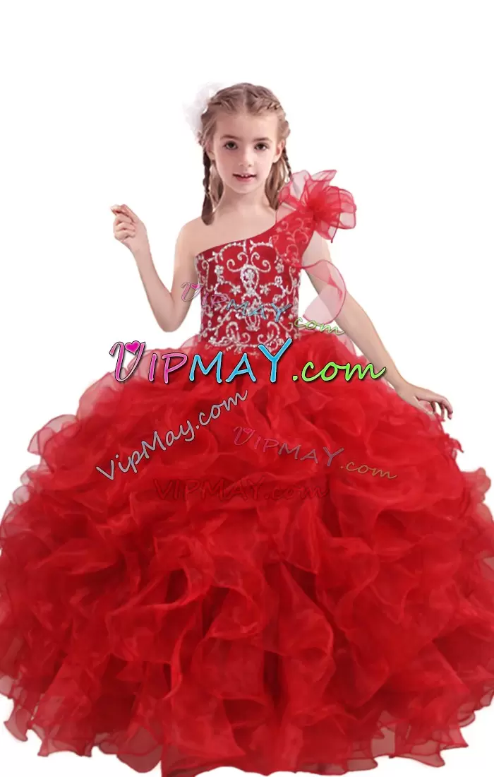 red little girl pageant dress,one shoulder little girl pageant dress,ball gown pageant dress for little girls,puffy skirt little girl pageant dress,beauty pageant dress for girls,little girl pageant dress with ruffles,little girl pageant dress with flowers,rhinestone pageant dress,rhinestone beaded little girl pageant dress,