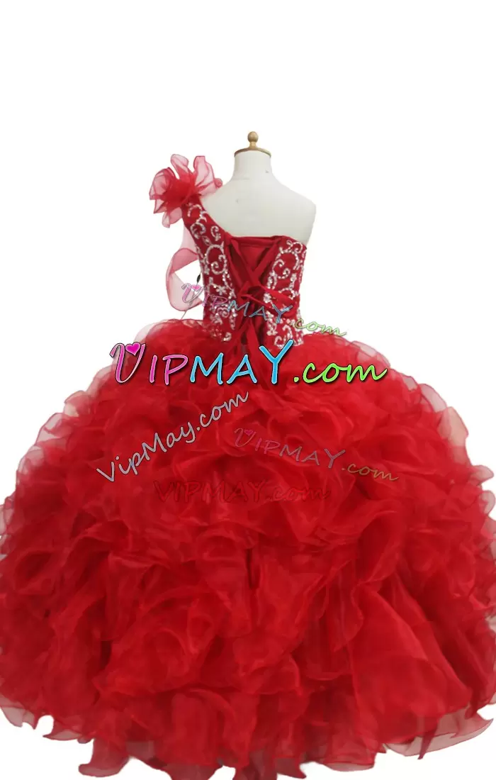 red little girl pageant dress,one shoulder little girl pageant dress,ball gown pageant dress for little girls,puffy skirt little girl pageant dress,beauty pageant dress for girls,little girl pageant dress with ruffles,little girl pageant dress with flowers,rhinestone pageant dress,rhinestone beaded little girl pageant dress,