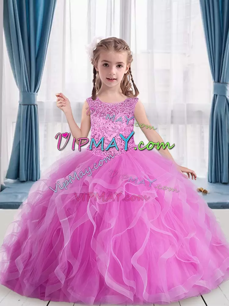Floor Length Lilac Pageant Dress for Teens Tulle Sleeveless Beading and Ruffles