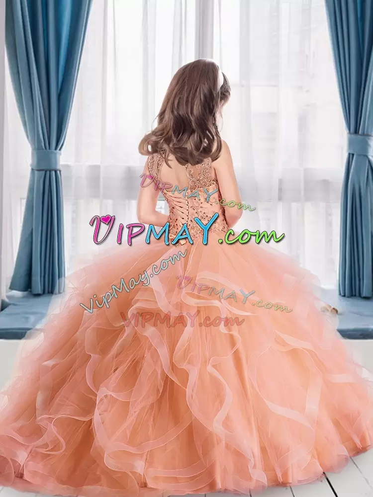 Floor Length Lilac Pageant Dress for Teens Tulle Sleeveless Beading and Ruffles
