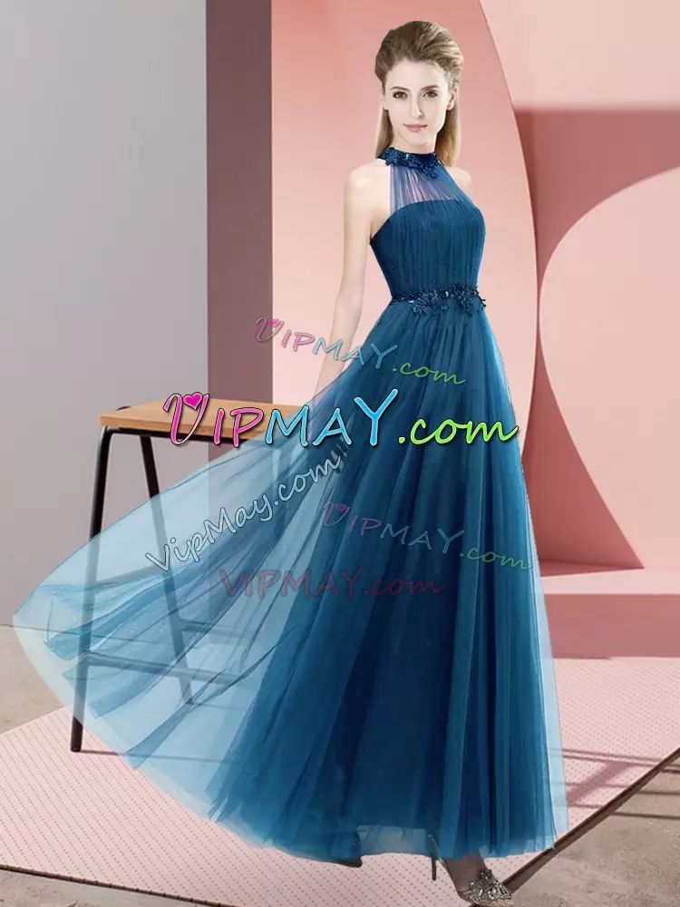 Sumptuous Beading and Appliques Wedding Guest Dresses Blue Lace Up Sleeveless Floor Length