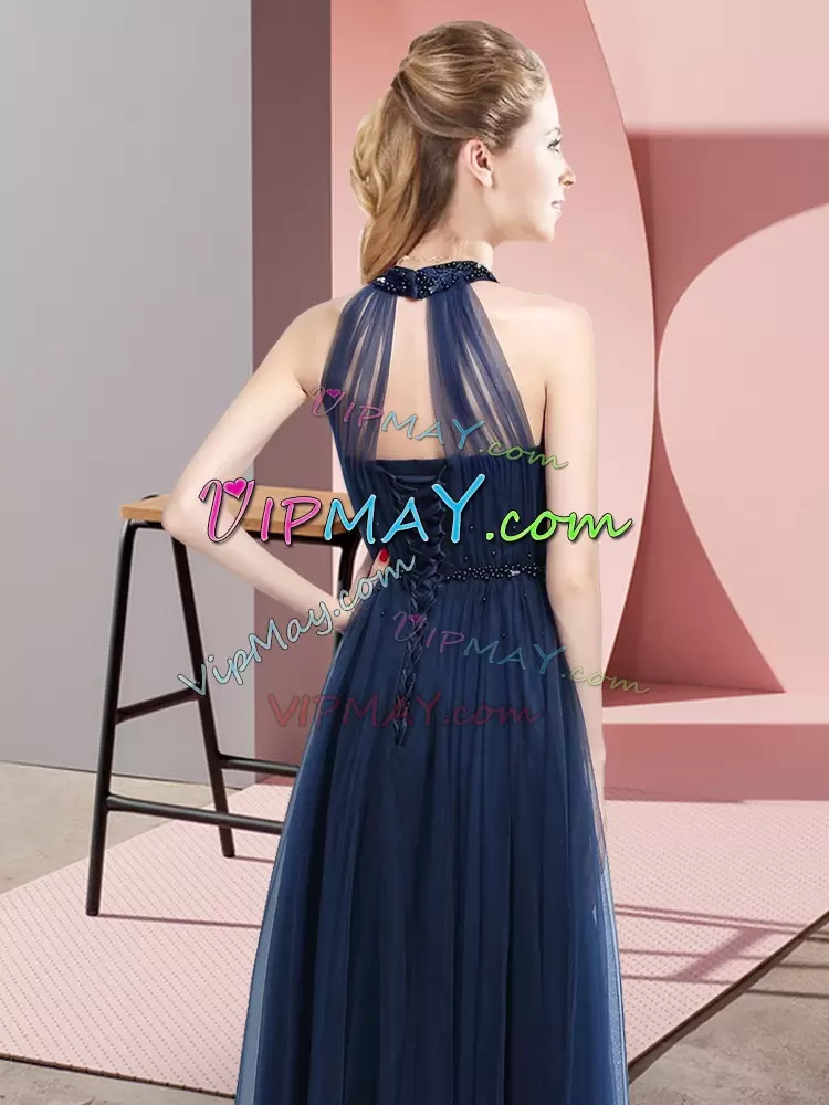 Sumptuous Beading and Appliques Wedding Guest Dresses Blue Lace Up Sleeveless Floor Length