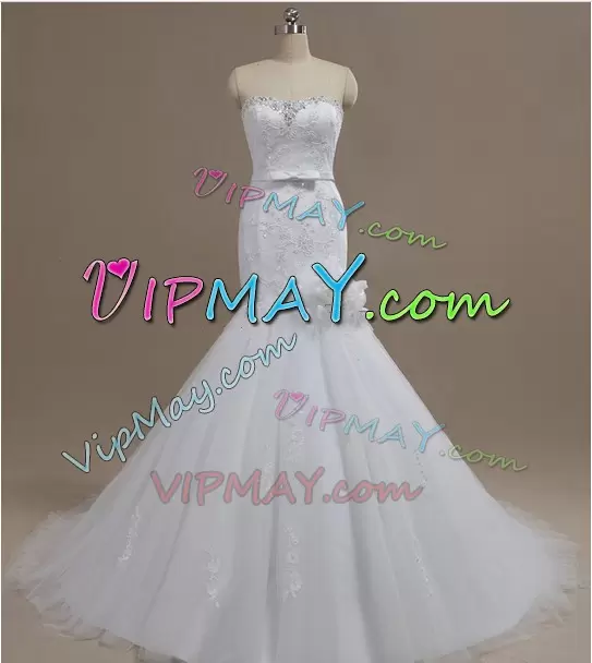 White Tulle Lace Up Strapless Sleeveless With Train Wedding Gowns Sweep Train Beading and Appliques and Bowknot and Belt and Hand Made Flower