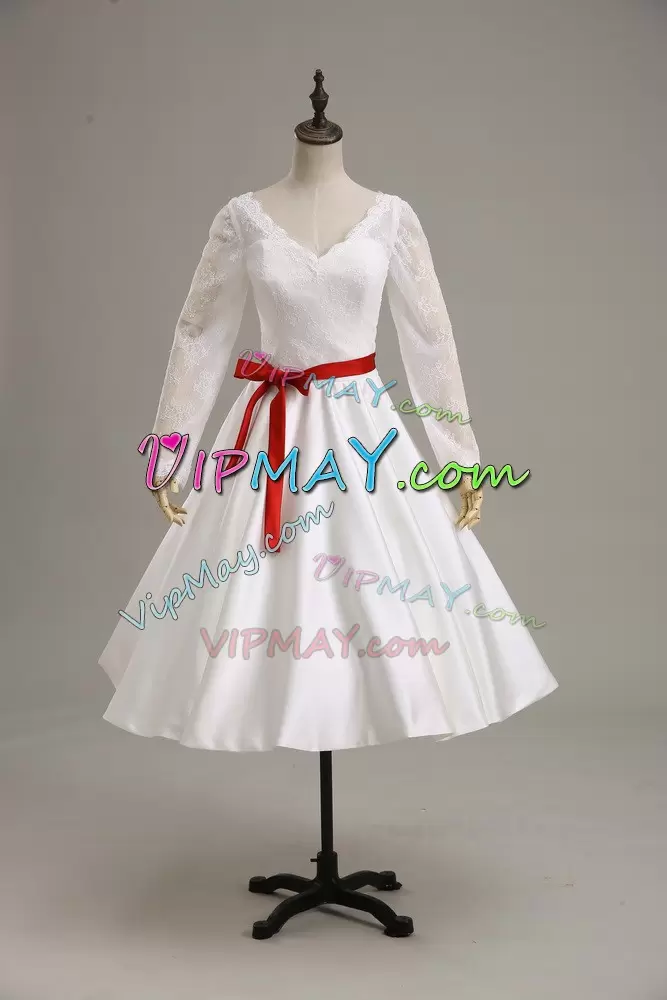 White Satin Clasp Handle Red Carpet Gowns Long Sleeves Tea Length Lace and Sashes ribbons
