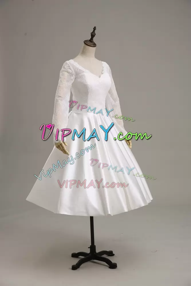 White Satin Clasp Handle Red Carpet Gowns Long Sleeves Tea Length Lace and Sashes ribbons