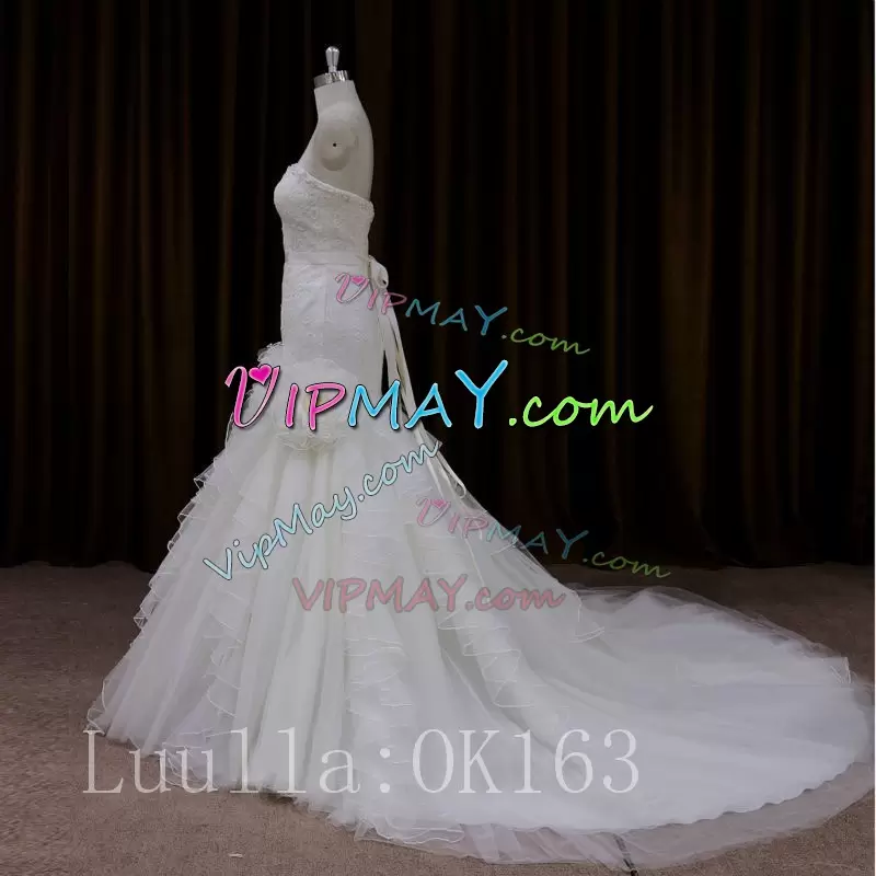 Mermaid Sleeveless White Wedding Gowns Sweep Train Lace Up