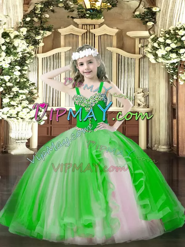 Tulle Straps Sleeveless Lace Up Beading Little Girls Pageant Dress in Green